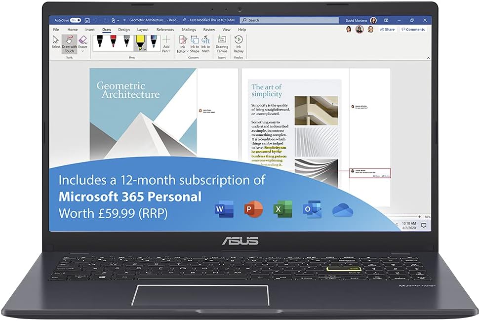 Vivobook E510MA 15.6 Inch Full HD Laptop (Intel Celeron N4020, 4GB RAM, 64GB eMMC, Windows 10) Includes 1 Year Microsoft Office 365 Subscription