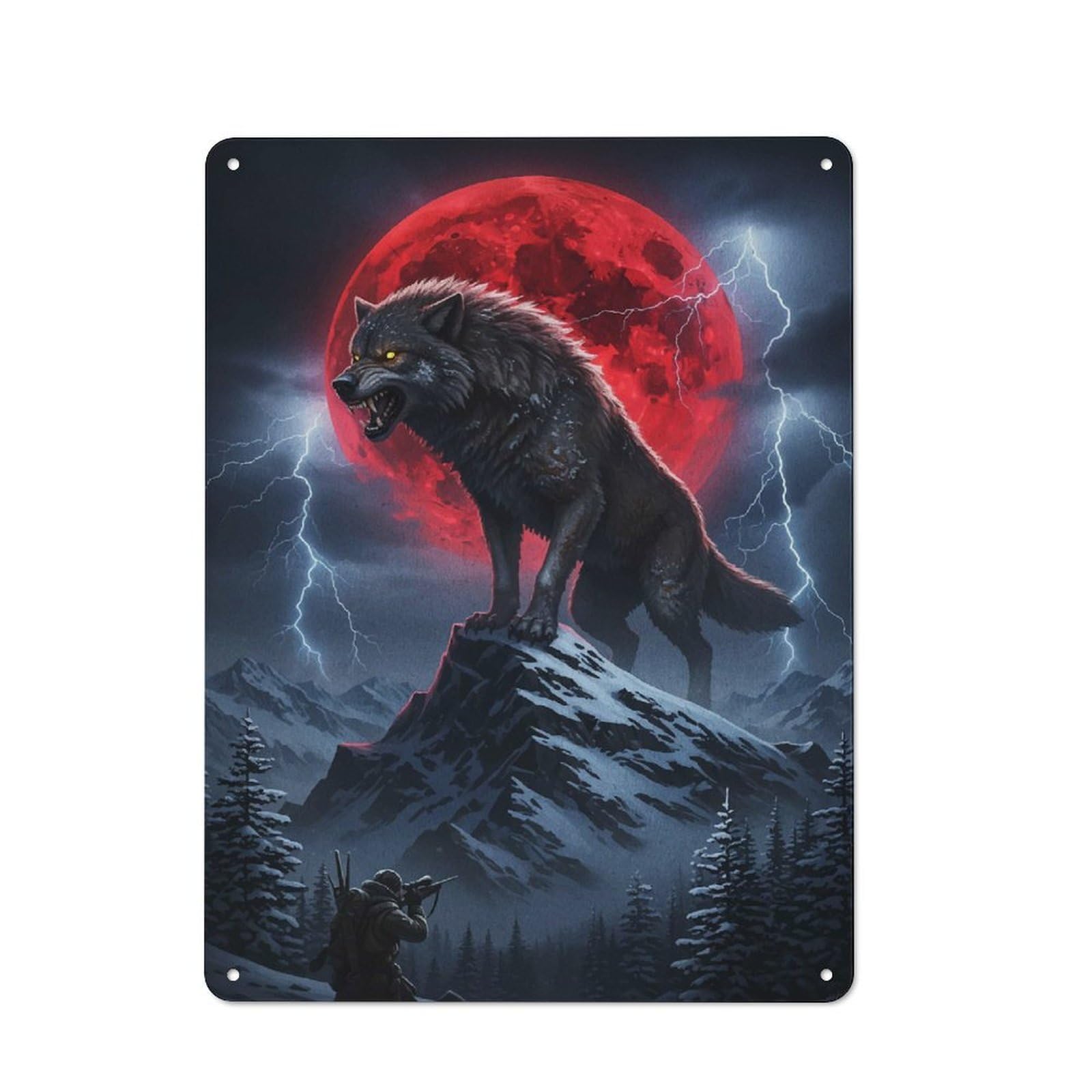 Wolf on Mountain with Red Moon Vintage Metal Sign 40x30cm, Nostalgic Pub Wall Decor for Pub, Home Bar, Shed Or Man Cave