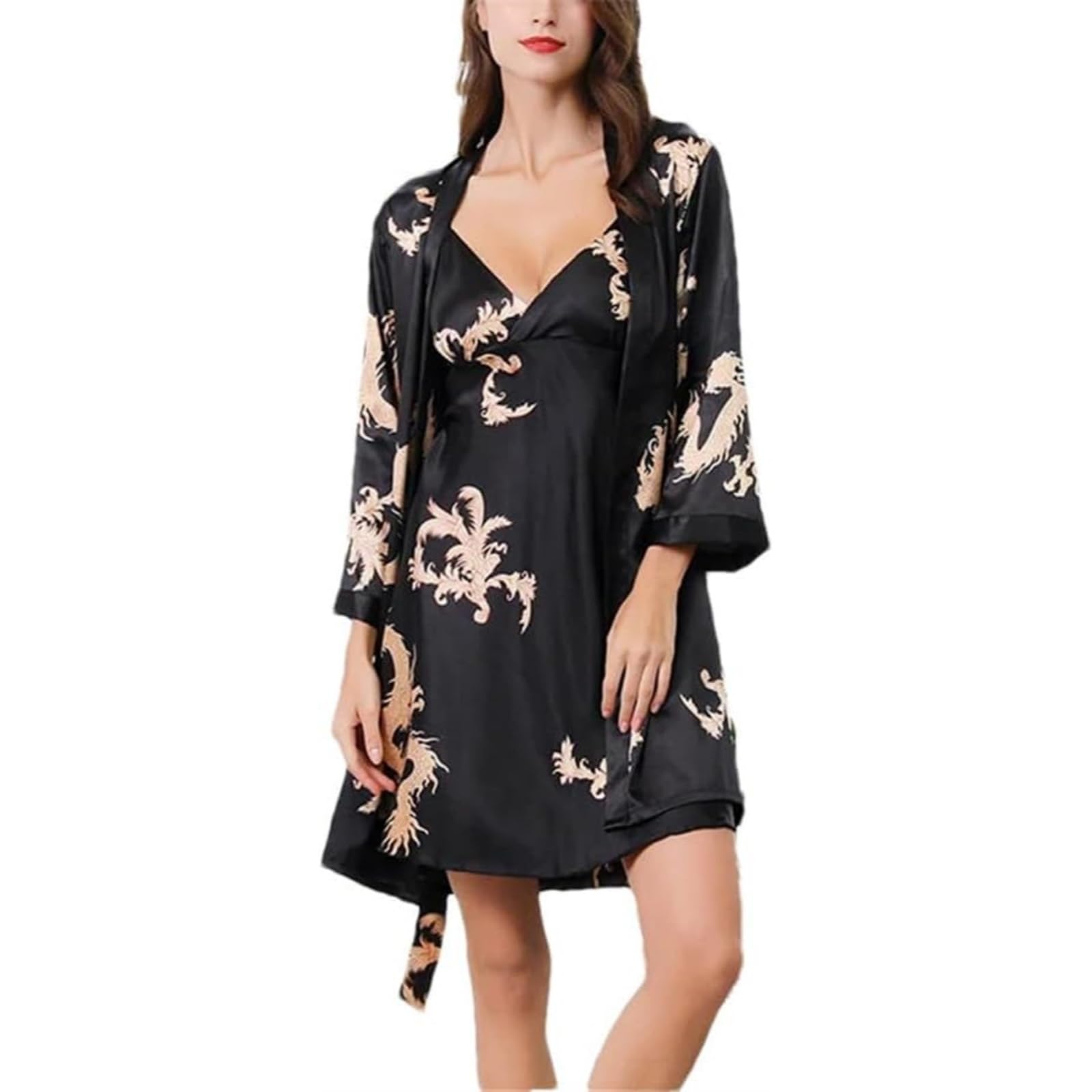 Slip Dress and Robe for Ladies Silk Dragon Pattern Pajamas Bathrobe gift for Girlfriend Wife Summer Loungewear Nightwear for Women