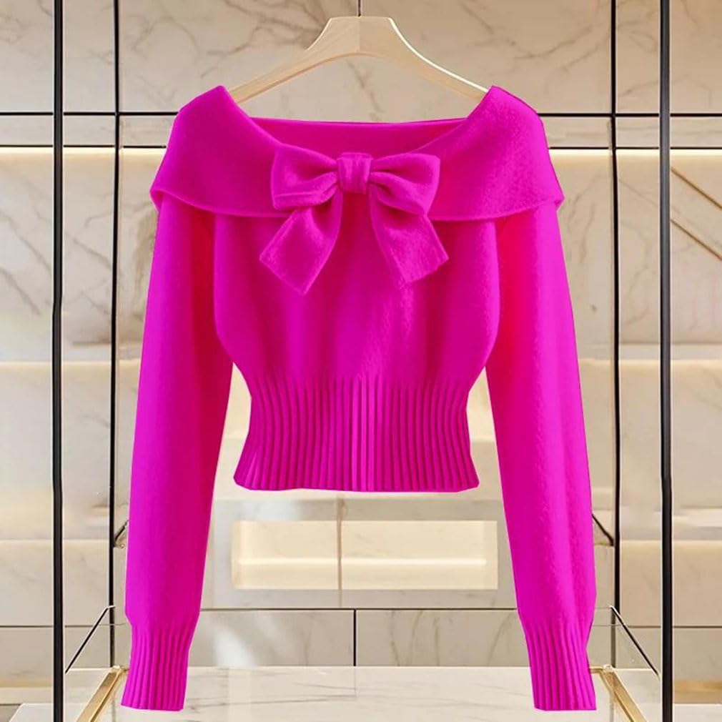 Women's Bow Sweater Foldover Cinched Waist Crop Tops Trendy Fall Winter Soft Knit Pullover
