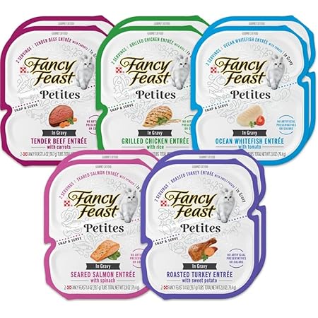 Fancy Feast Petites in Gravy Wet Cat Food Variety 5 Flavor Pack / 20 Servings/Beef, Chicken, Ocean Whitefish & Tuna, Salmon and Turkey