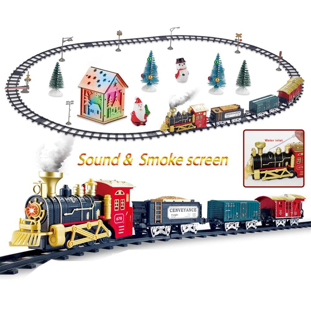 Juego de árbol de tren de Navidad con luces y sonido, juego de tren para debajo del árbol de Navidad, locomotora de vapor eléctrica, funciona con pilas, juego de pista como regalo de fiesta