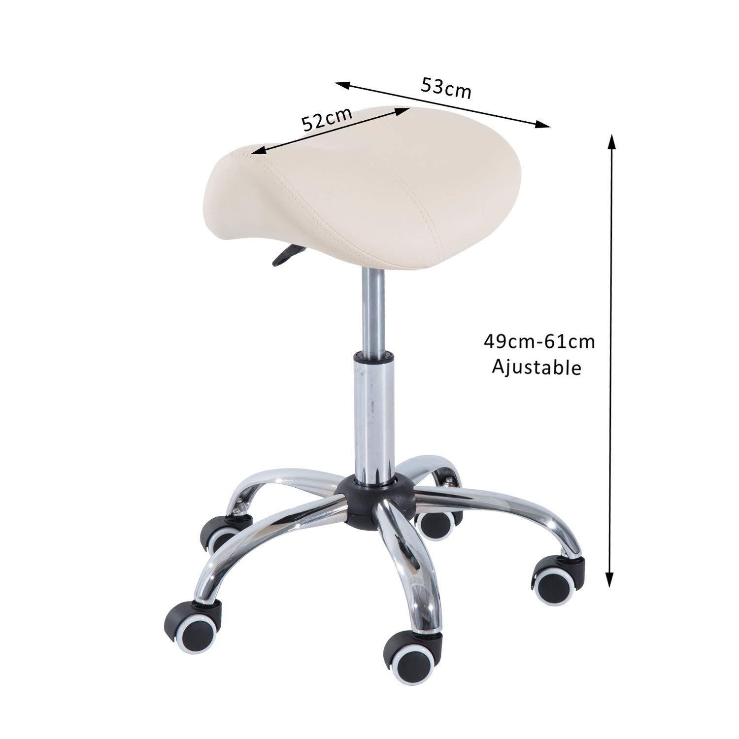 Taburete de Peluquería, Silla de Peluquería, Asiento de Material Cuero Sintético y Diseño Ergonómico, Altura Regulable, Giratorio 360º y Base Estable con 5 Rueditas, Color Blanco