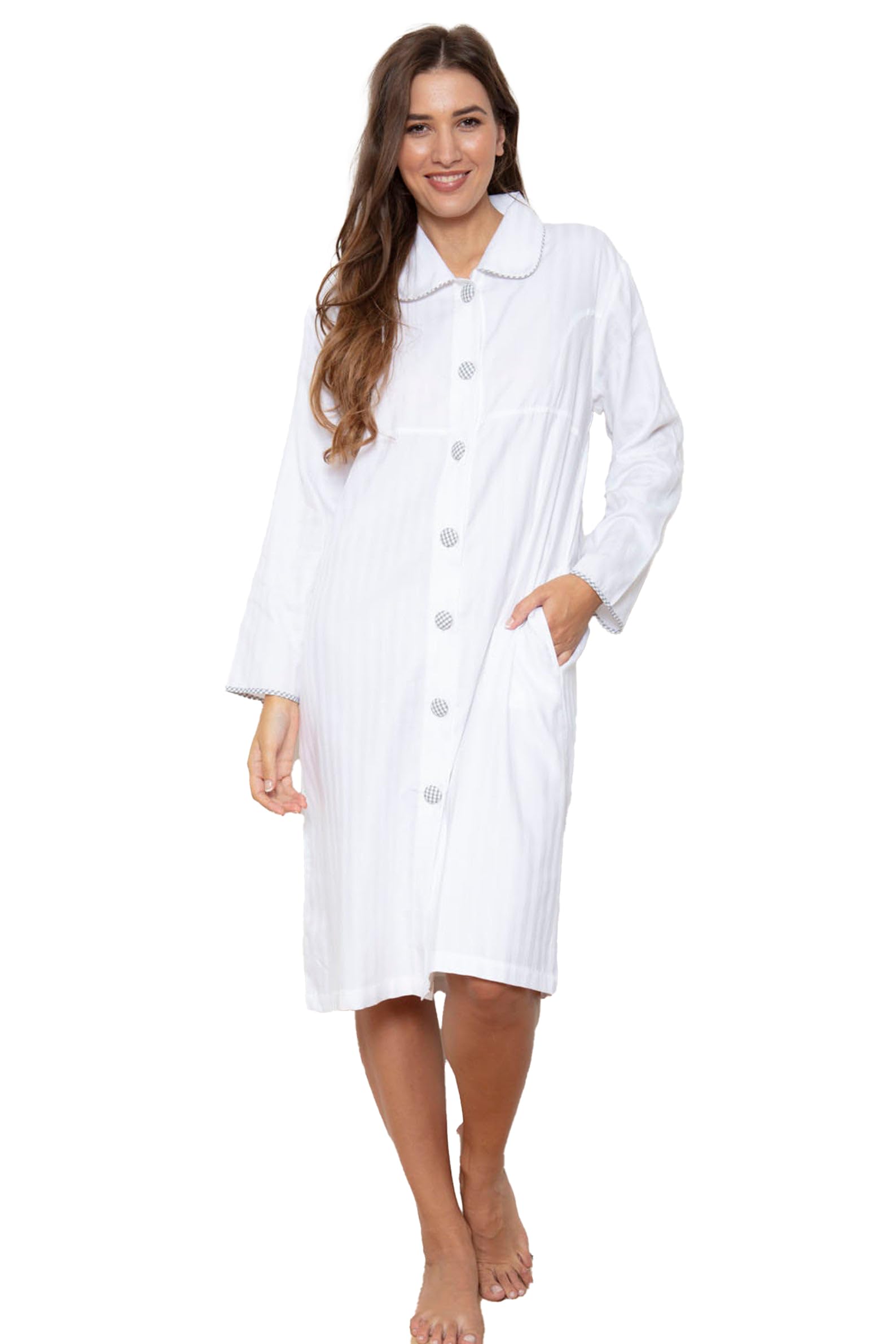 Ladies White Cotton Housecoat Nightdress Robe Dressing Gown Button Front Superfine Shadow Stripe 100% Cotton (Medium)