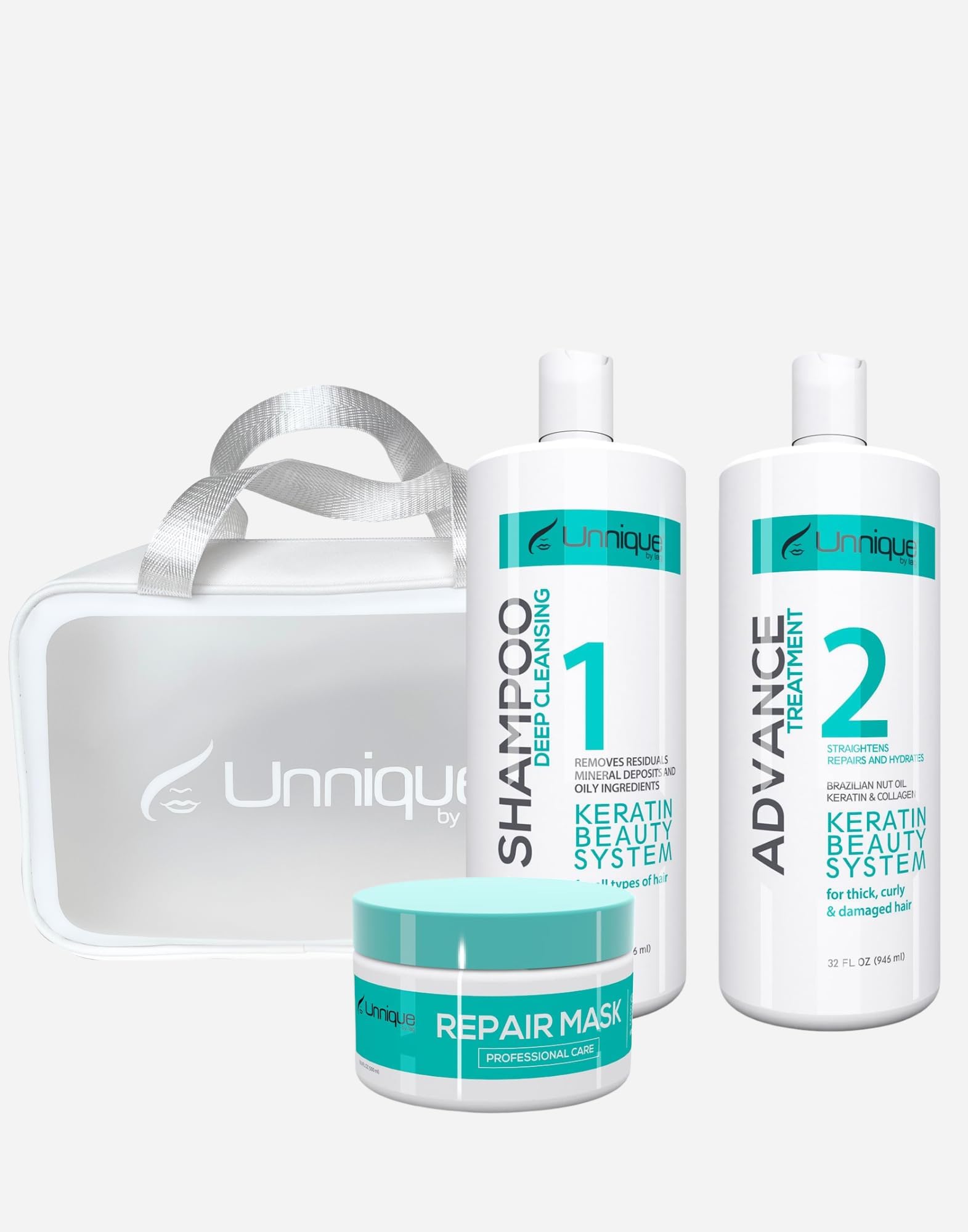 UNNIQUE Advanced Keratin Hair Treatment Kit 32 FL Oz- Brazilian Keratin Treatment for Ultimate Hair Repair & Shine + Free Cosmetic Bag