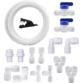 HUAZIZ 5 Metre White Universal Connection Set 14 Pieces RO Water Filter Fitting for 1/4 Inch Hose Fridge Hose Water Hose Y + T + I + L Type + Shut-off Valve