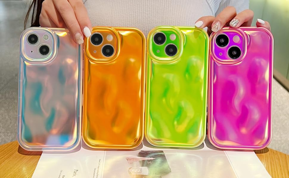 Miniatura 4 de LY&SASIF Funda holográfica para iPhone 13 con patrón de burbujas de meteorito, chapado en cromo, galvanizado con forma de onda, color holográfico,