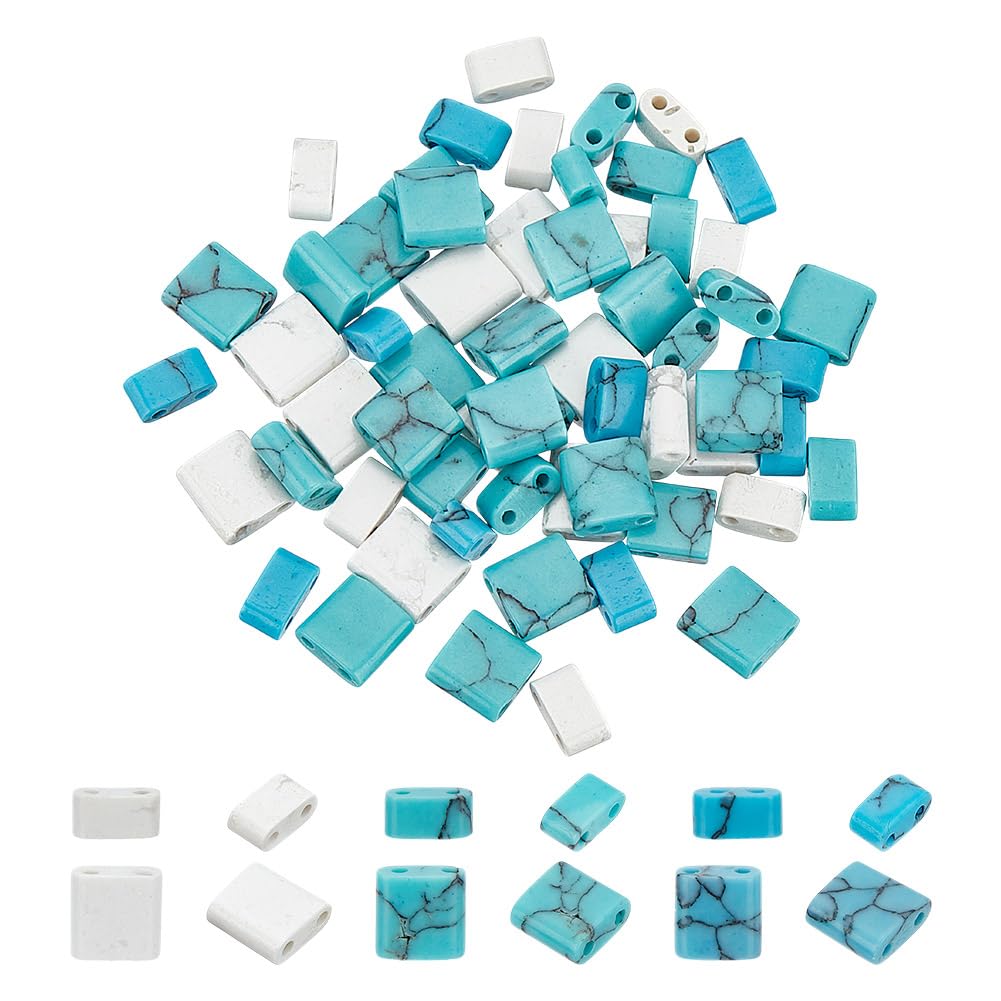 arricraft72Pcs Turquoise Stone Beads, 6 Sizes 2 Hole 2 Colors Seed Beads Rectangle Mini Beads for Multi Cord Bracelet Necklace Jewelry Making