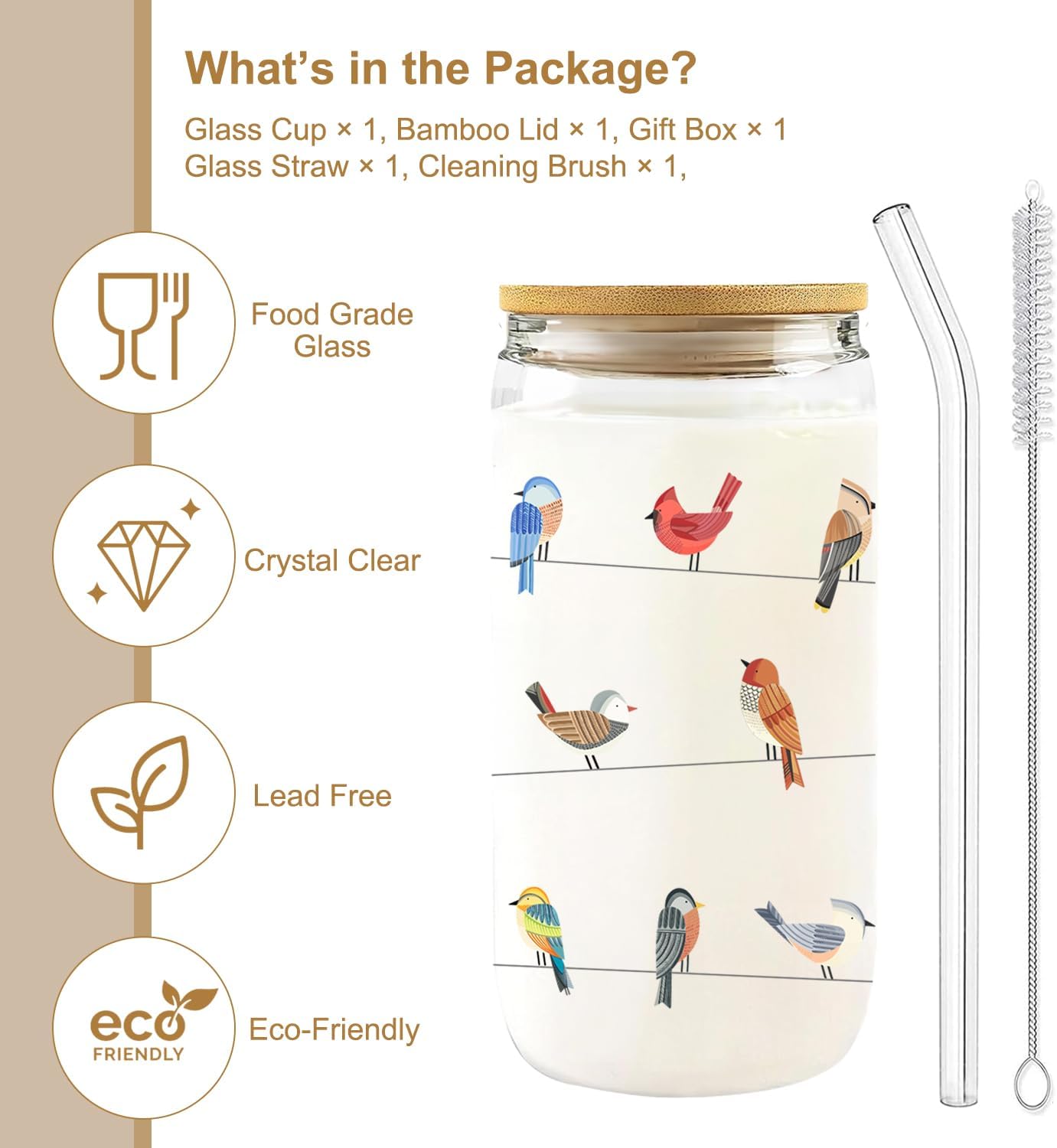 Mikopei Bird Watching Gifts for Women, Glass Cup with Lid and Straw 16 oz