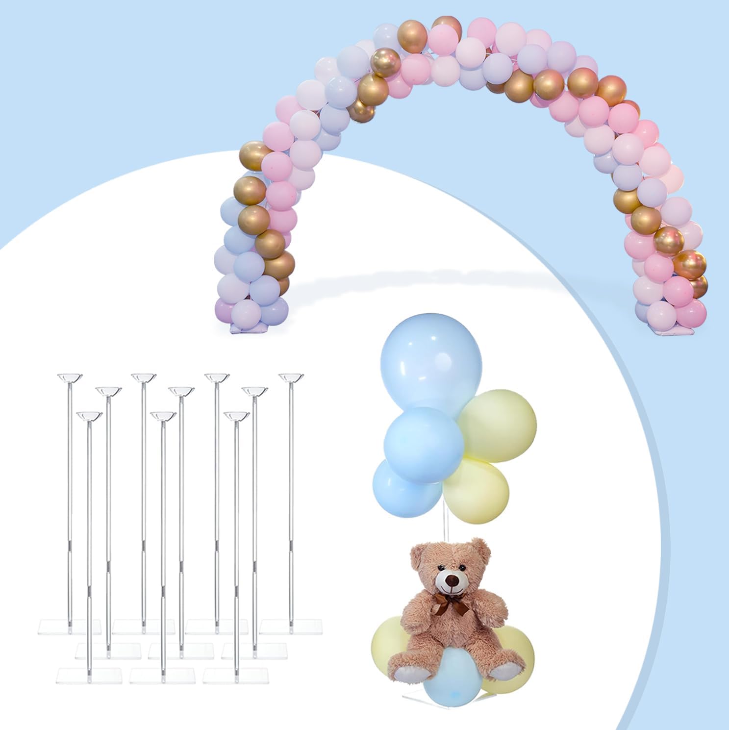 TEKXYZ Adjustable Clear Acrylic Balloon Stand and Balloon Arch Stand Kit for Party Decorations, Not Include Balloons