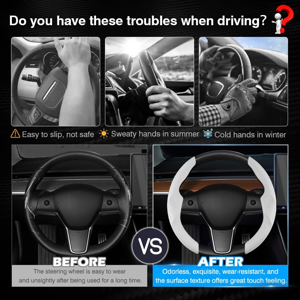 White Steering Wheel Cover for Tesla Model 3/Y 2016-2025 2026 Juniper/Highland | Non-Slip, Segmented, Custom-Fit, Carbon Fiber | Model Y Juniper Accessories | Model 3 Highland Accessories - Image 3