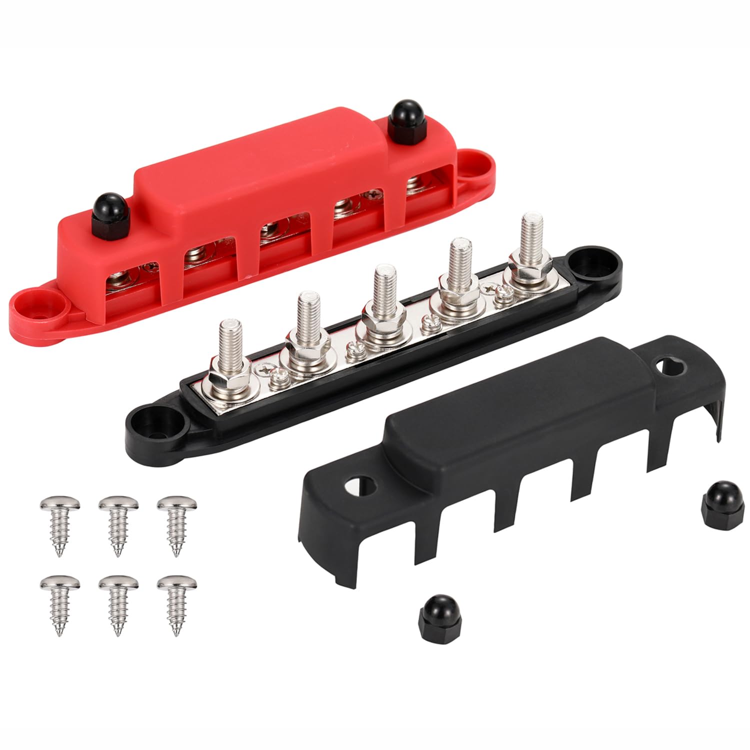 Greluma 1 Paire Bloc de distribution d'alimentation M8 (5/16 ") à 5 goujons,barre de bus robuste à 5 voies 12-48 V,positif et négatif