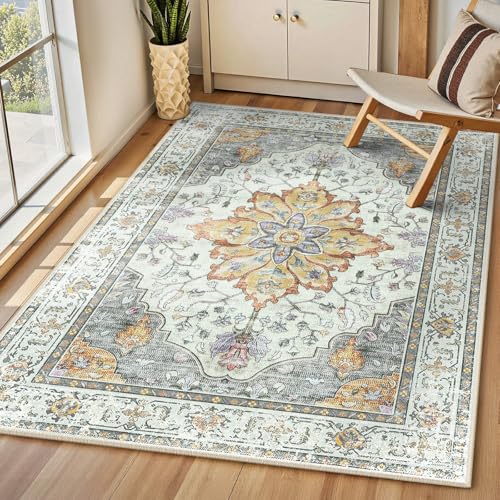 INOVADAY Vintage Waschbarer Teppich Wohnzimmer 90x150 cm Boho Kurzflor rutschfest Teppich Weich Teppiche mit Druckmuster für Schlafzimmer, Esszimmer, Büro Gelb/Grau/Orange/Lila