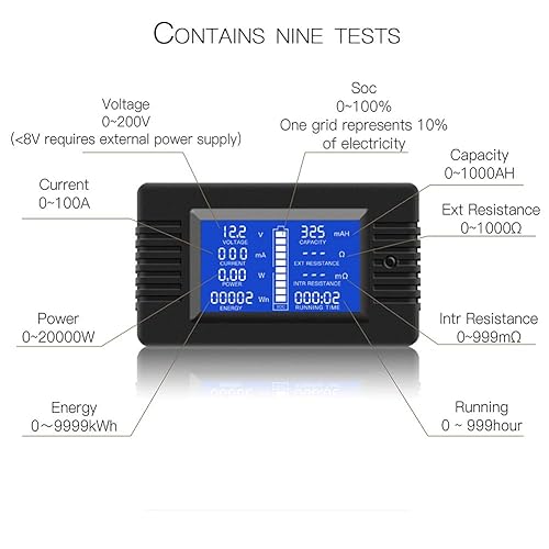 Miniatura 19 de Medidor de monitor de batería multifunción CC, 0-200V, 0-300A (ampliamente aplicado a batería de 12V/24V/48V RV/coche) Pantalla LCD Medidor