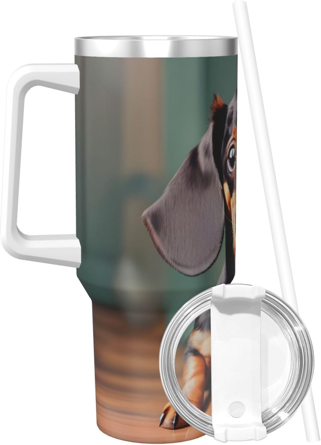 40 OZ Cute Dachshund Duggee Print Ice Bully Cup with Handle Straw Lid Straw,Stainless Steel Tumbler Coffee Cup
