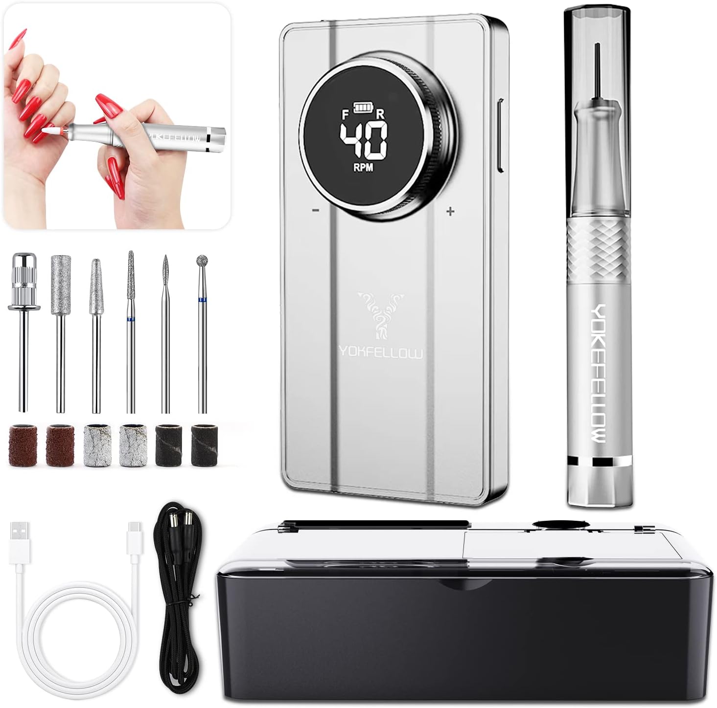 YOKE FELLOW 35000 RPM Professional Nail Drill, Stand Base Portable Electric Nail File Efile Drill for Acrylic Gel Nails Silver