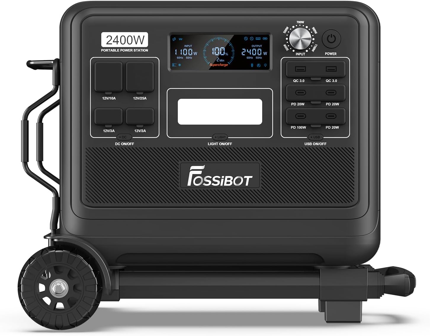 FOSSiBOT Portable Power Station F2400 with Hand Truck, 2048Wh LiFePO4 Battery Backup, 6 x 2400W AC Outlets, 2 DC Ports/6 USB Ports Solar Generator for Outdoor Camping, Home Use, RV, Emergency