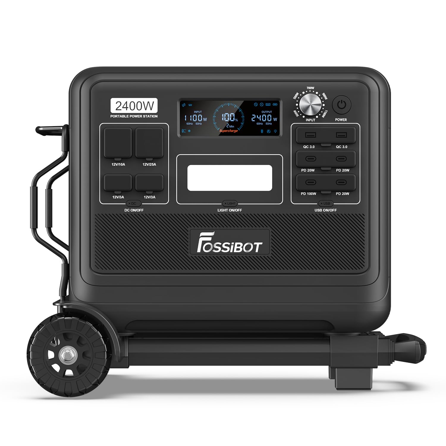 FOSSiBOT Portable Power Station F2400 with Hand Truck, 2048Wh LiFePO4 Battery Backup, 6 x 2400W AC Outlets, 2 DC Ports/6 USB Ports Solar Generator for Outdoor Camping, Home Use, RV, Emergency