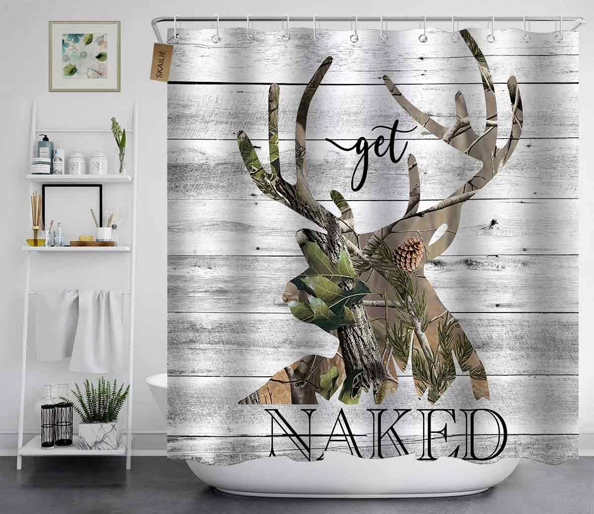 4PCS Rustic Deer Shower Curtain Set, Double Exposure White Wood Planks Camo Woodland Elk Moose Wildlife Hunting Cabin Lodge Country Farmhouse Bathroom Decor, Non-Slip Bath Rugs, Funny Quotes