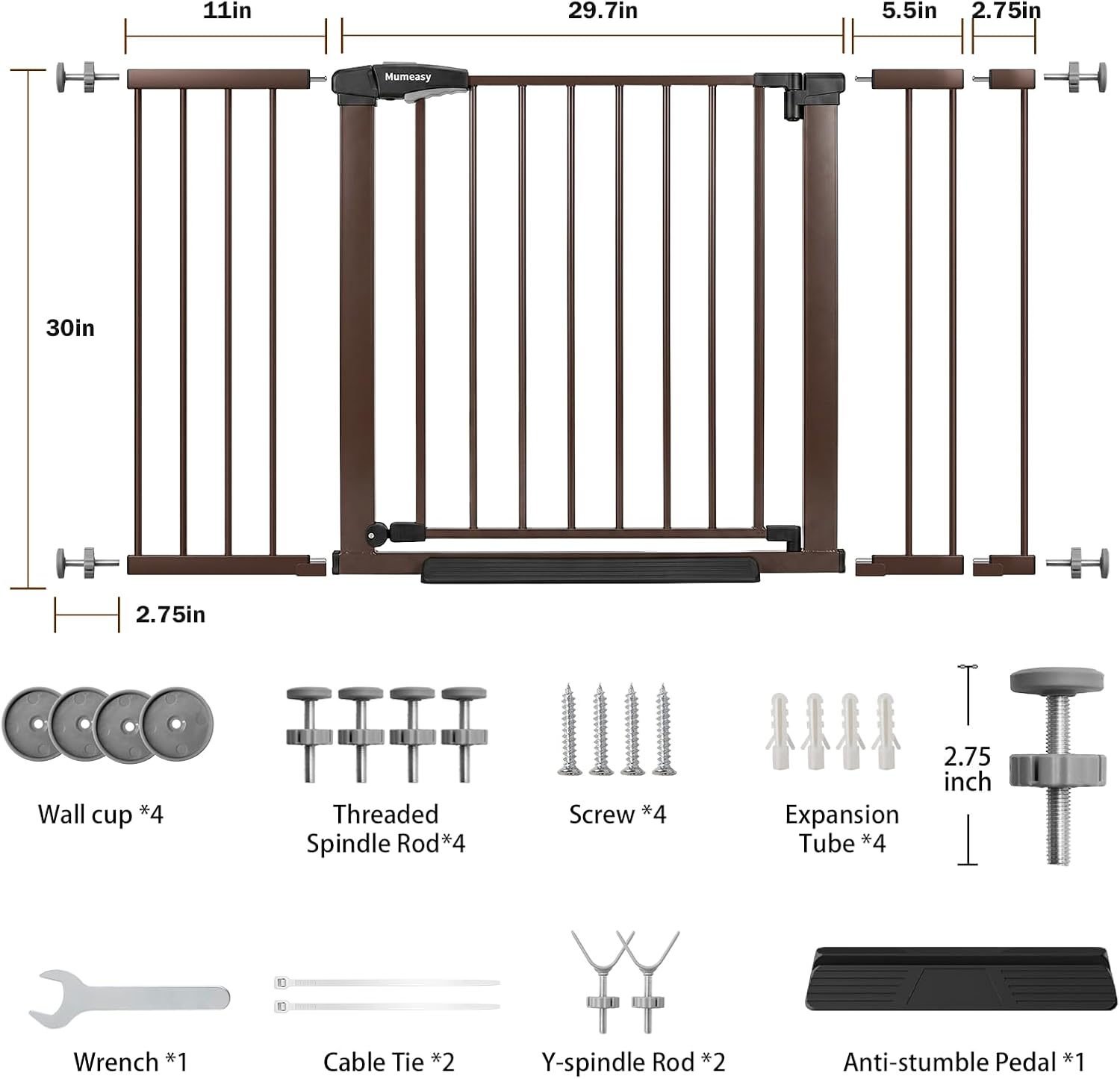 Mumeasy Baby Gate Extra Wide, 29.7-51'' Pressure Mounted Dog Gate with Walk Thru Door, Auto Close Pet Gate for House, Stairs, Doorways,Brown Brown 29.7-51"W x 30"H