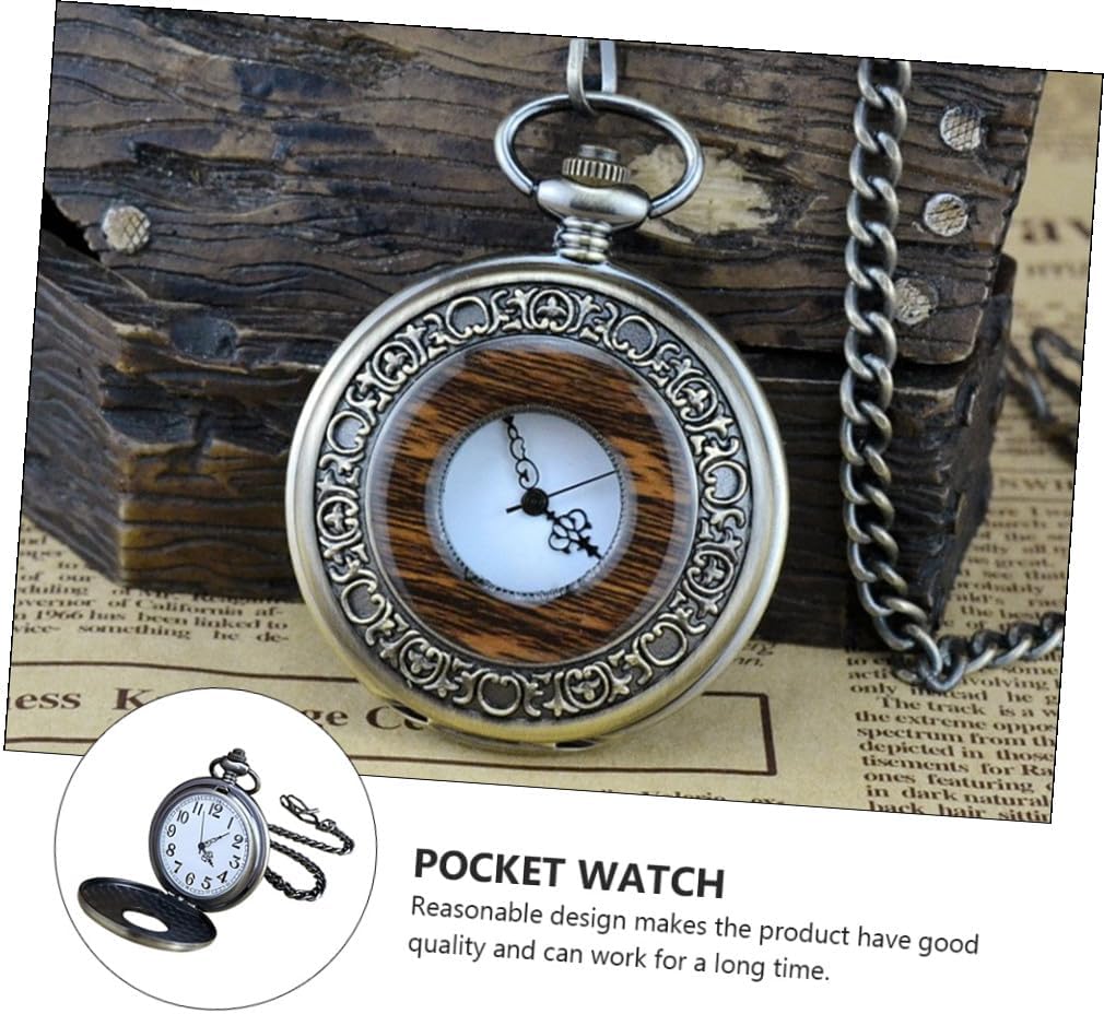 BESPORTBLE Antique Alloy Quartz Pocket Watch with Hollow Wood Grain Cover Vintage Mechanical Chain Watch for Men Father Husband