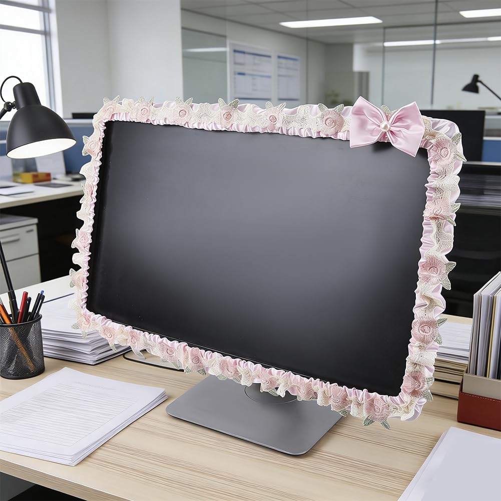 CREATCABIN 23''-26'' Cute Computer Monitor Cover with Bow Tie Lace Pink Computer Monitor Protective Cover Screen Elastic Dustproof Display Furry Bowknot Decoration Protector for PC Tablet Laptop TV