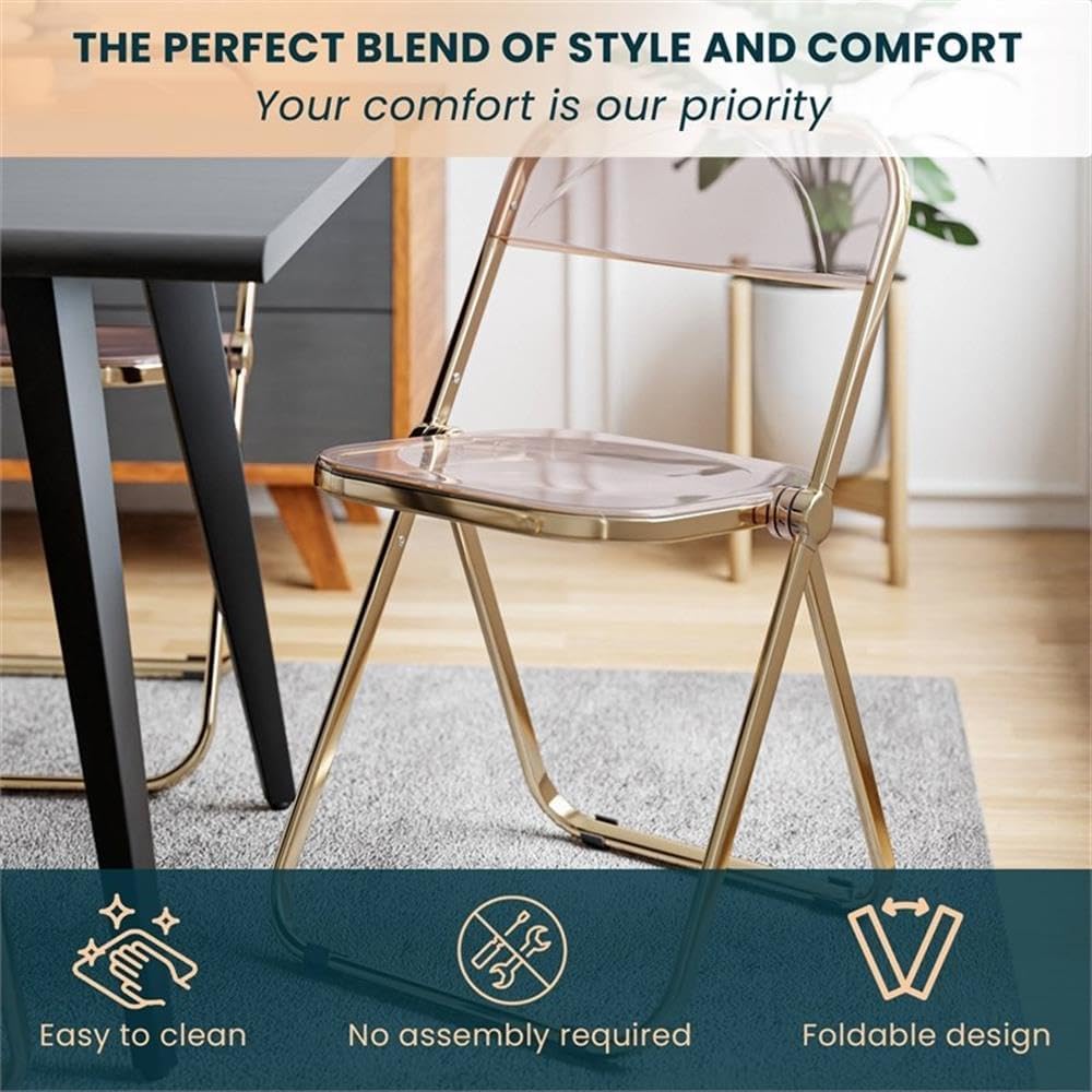 BOWERY HILL Acrylic Folding Chair, Gold Metal Frame, Rose Pink Transparent Seat and Backrest, Foldable Design, Compact Storage, Floor Protectors, Durable and Lightweight Seating for Living Room or