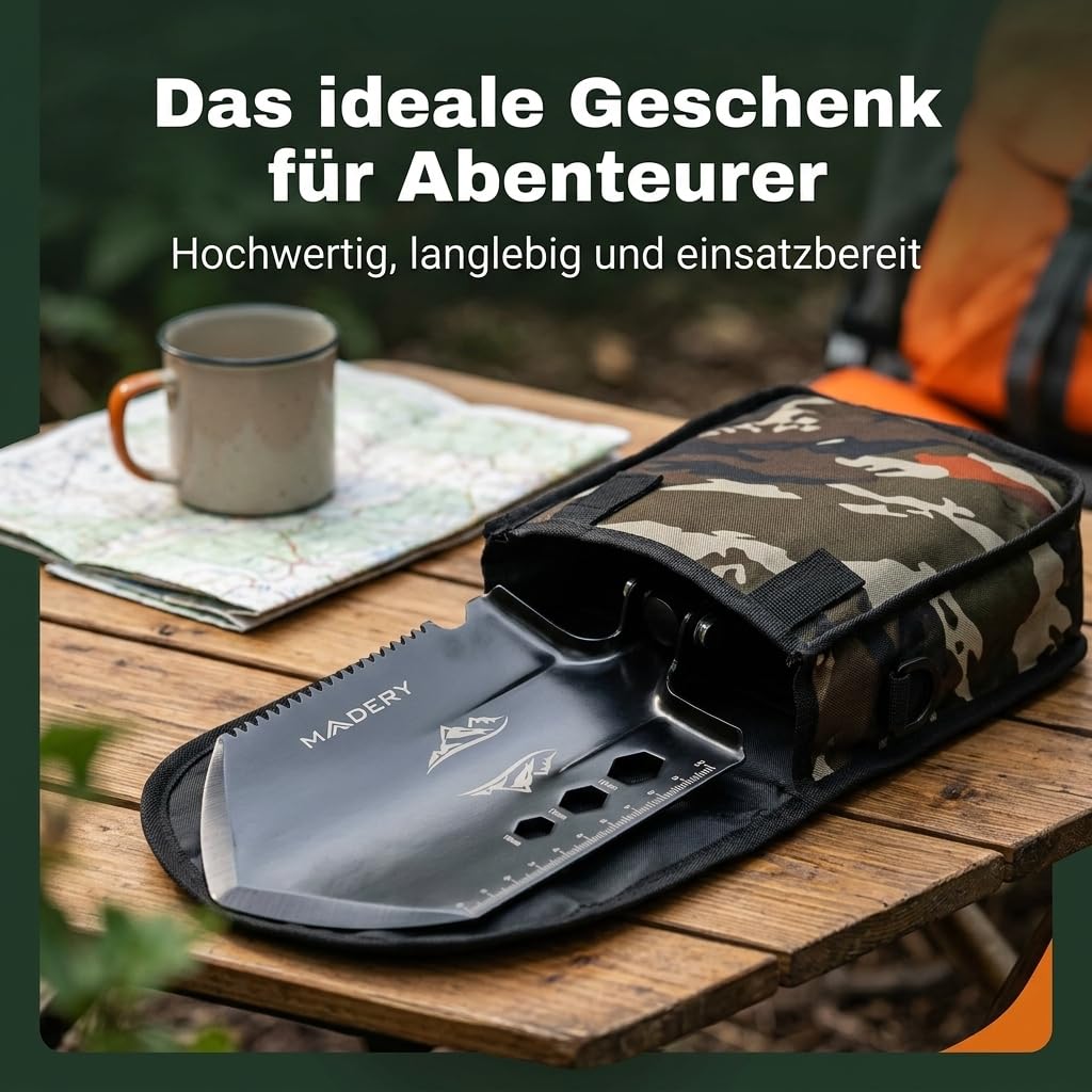 Klappspaten 11-in-1 Edelstahl Survival Schaufel | mit Tasche, für Camping, Auto & Garten, Geschenkidee für Männer