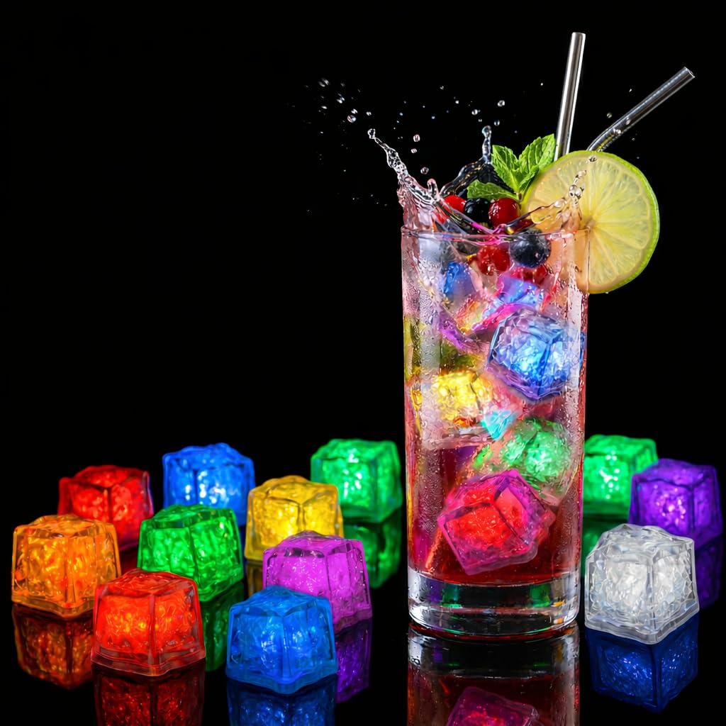 LED Light Up Ice Cubes for Drinks, Multi-Color Liquid Activated Waterproof Reusable Glow Ice Cubes for Party, Wedding, Bar Events or Bath Time Fun, 12-Pack SparkleCheers