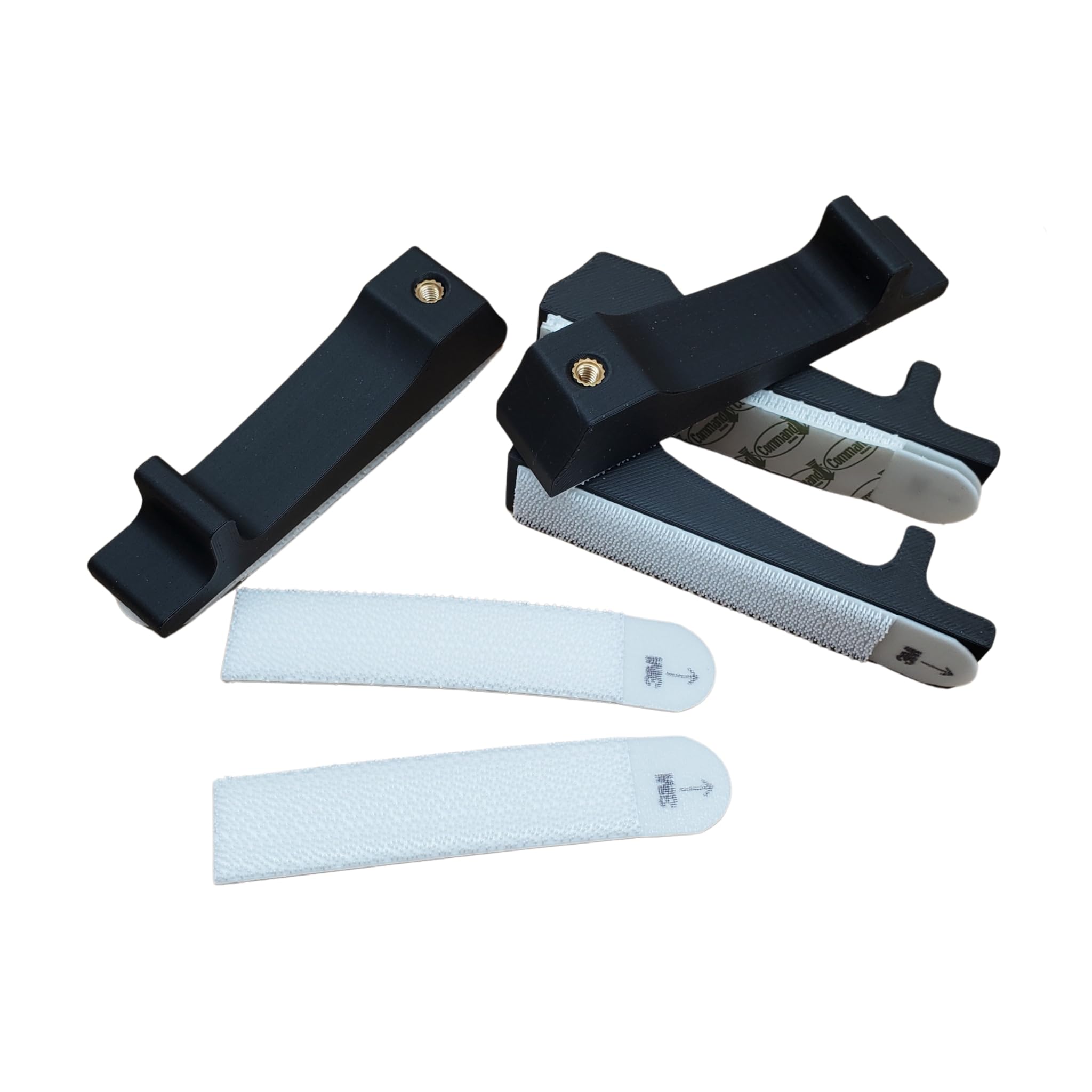Just Hanging Pegboards Wall Mounting Hardware with callouts for metal threads, incorporated bump, and large Command Strip.