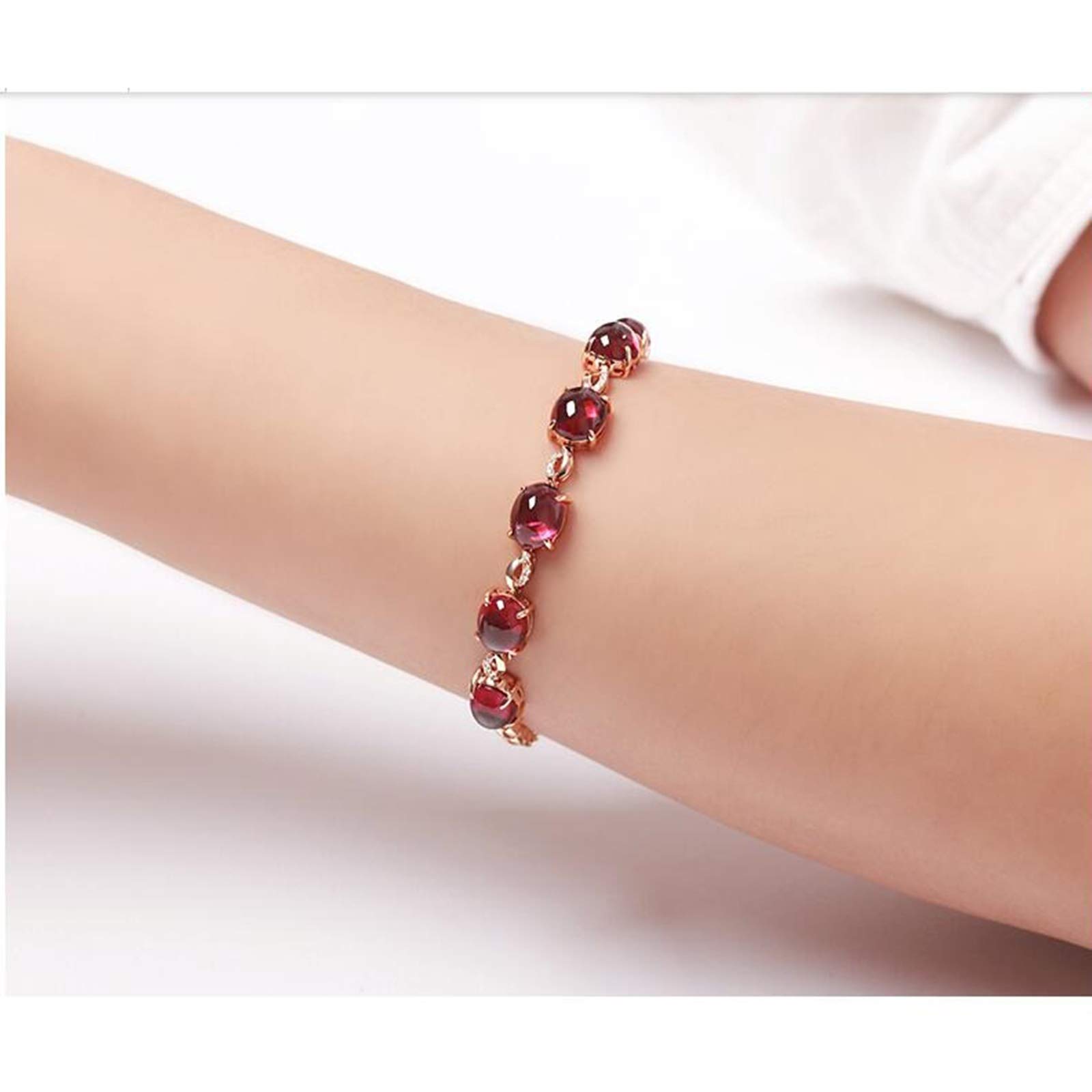 ZH1YFD Pulsera para Mujer Oro Rosa 18K, Eslabón de Barra con Granate Rojo 12.5ct Pulseras en Mujer 16+3CM