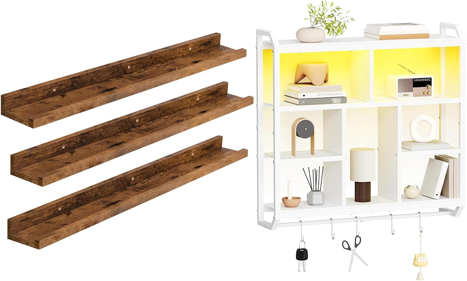 HOOBRO Floating Shelves and Gaming Floating Shelves with LED Light Bundle, Wall Mounted Shelves for Storage BF90BJ01-WT72DBJ01