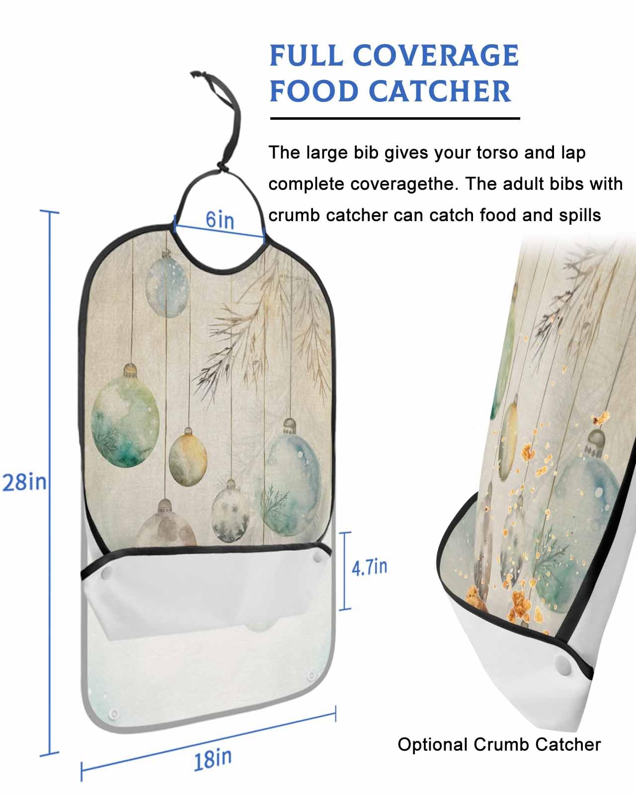 Christmas Ball Adult Bibs for Elderly Women Men Washable Bibs for Eating, Winter Farmhosue Watercolor Pine Branch Waterproof Clothing Protectors Adult Bibs with Crumb Catcher