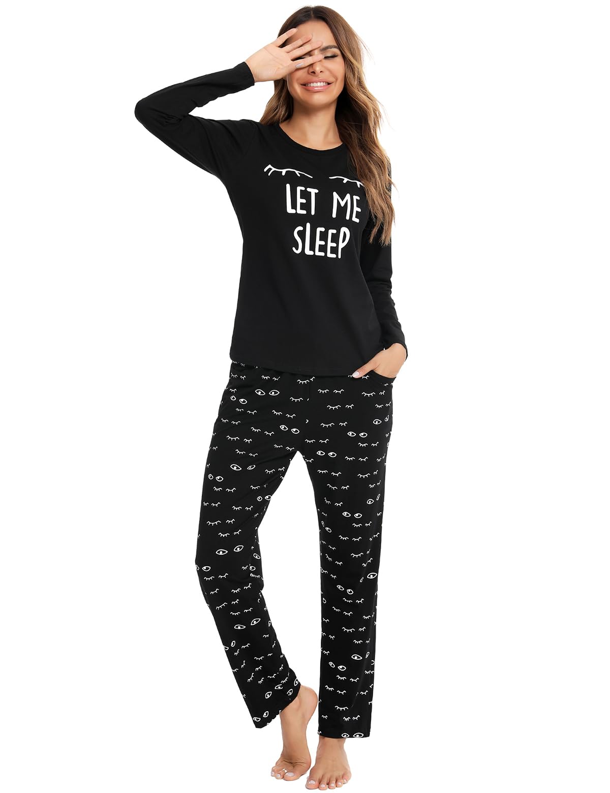 Women's Cotton Long Sleeve Pajamas Set Cute Print 2 Pcs Loungewear Sleepwear Pjs Sets