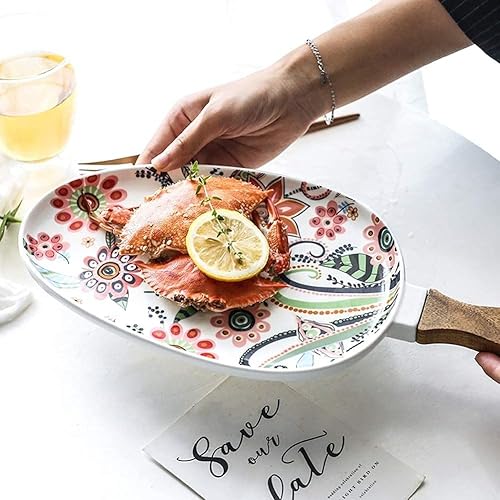 Plato colorido con mango de madera, plato de cerámica de estilo nórdico para ensalada de bistec, pasta, platos de porcelana de forma irregular,