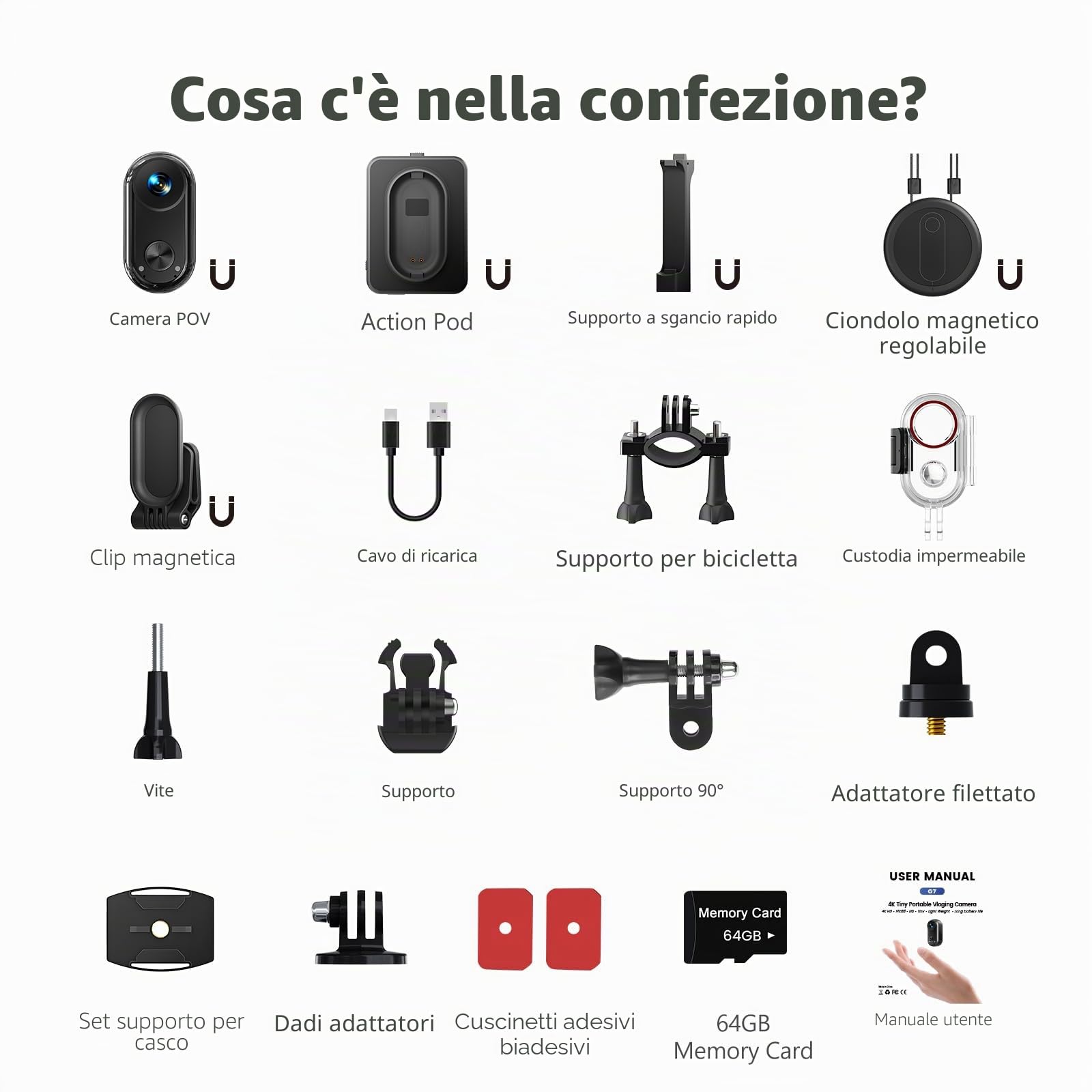 Camera Vlogging da 4K 30FPS, 64GB fotocamera POV portatile a mani libere, 150 ° action cam, impermeabile 30m, 6 assi stabilizzazione, mini telecamera Vlog, batteria da 4,5 ore, montala ovunque
