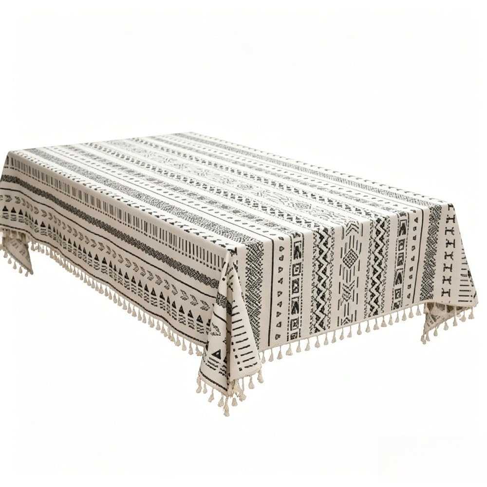 EDWNAS Boho Tassel Linen Waterproof Oilproof Tablecloth (thin strip,140 * 260cm)