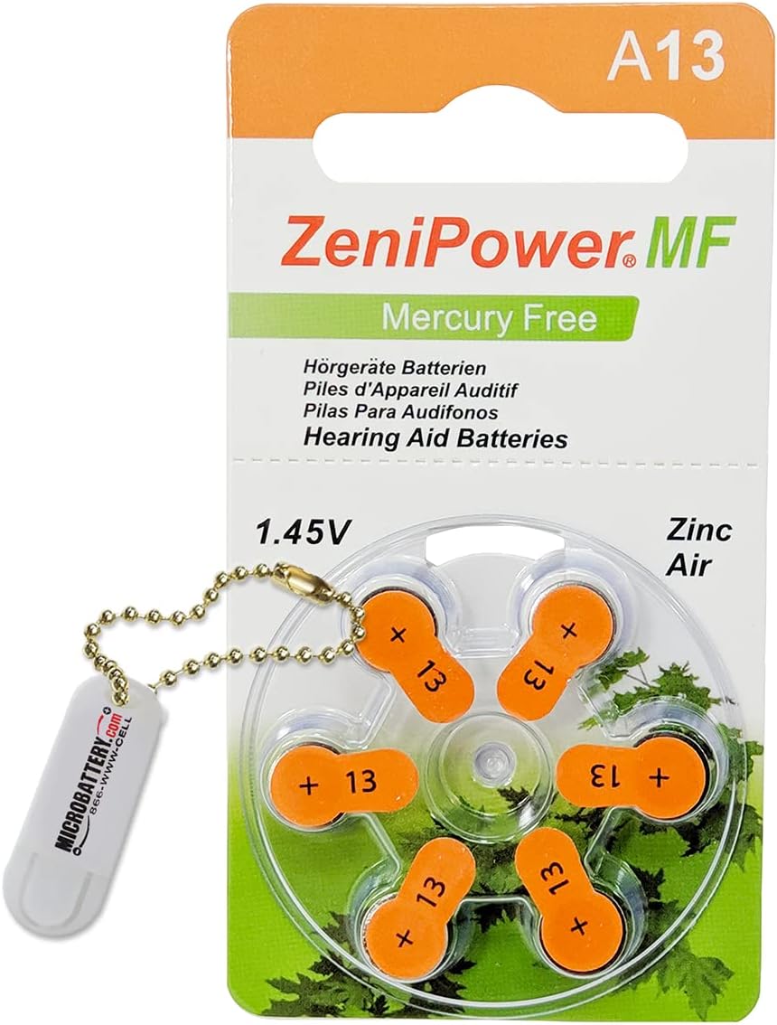 Size 13 Mercury Free Hearing Aid Batteries (60 Batteries) + Battery Holder Keychain Kit