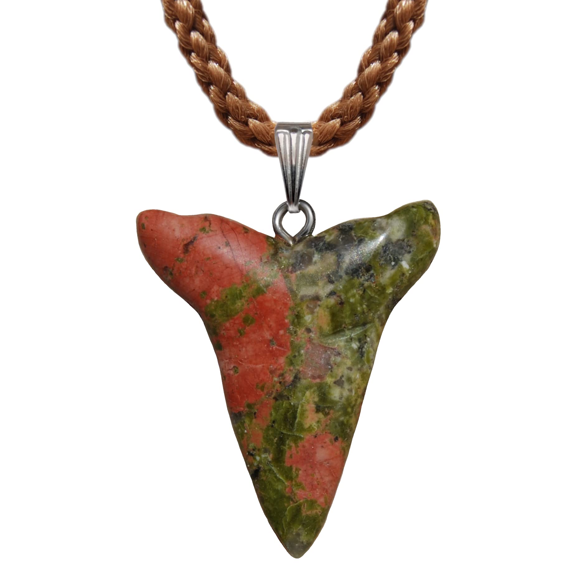 Power Pack Series – 40mm Shark Tooth Great White Megalodon Shaped – Unakite Epidote Jasper, Green Brown – Adjustable Cord – Mocha Brown, Stainless Steel, Jasper