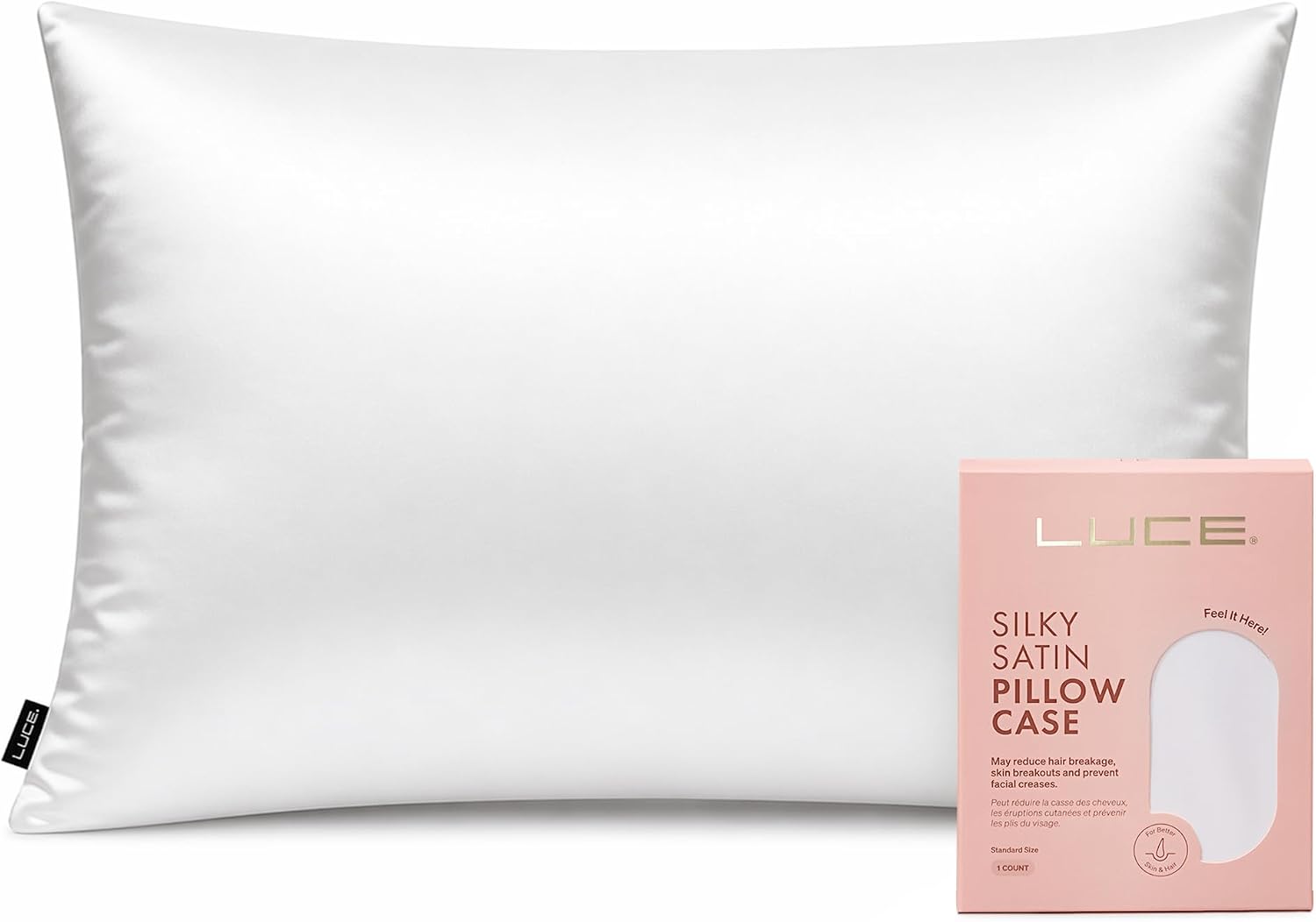 LUCE Satin Pillow case Premium 600 Thread Count Silky Comfort for Hair and Skin – Similar to Silk Pillow Cases for Beauty Sleep, Cooling and Breathable Hidden Closure, Standard Size 20” x 26”