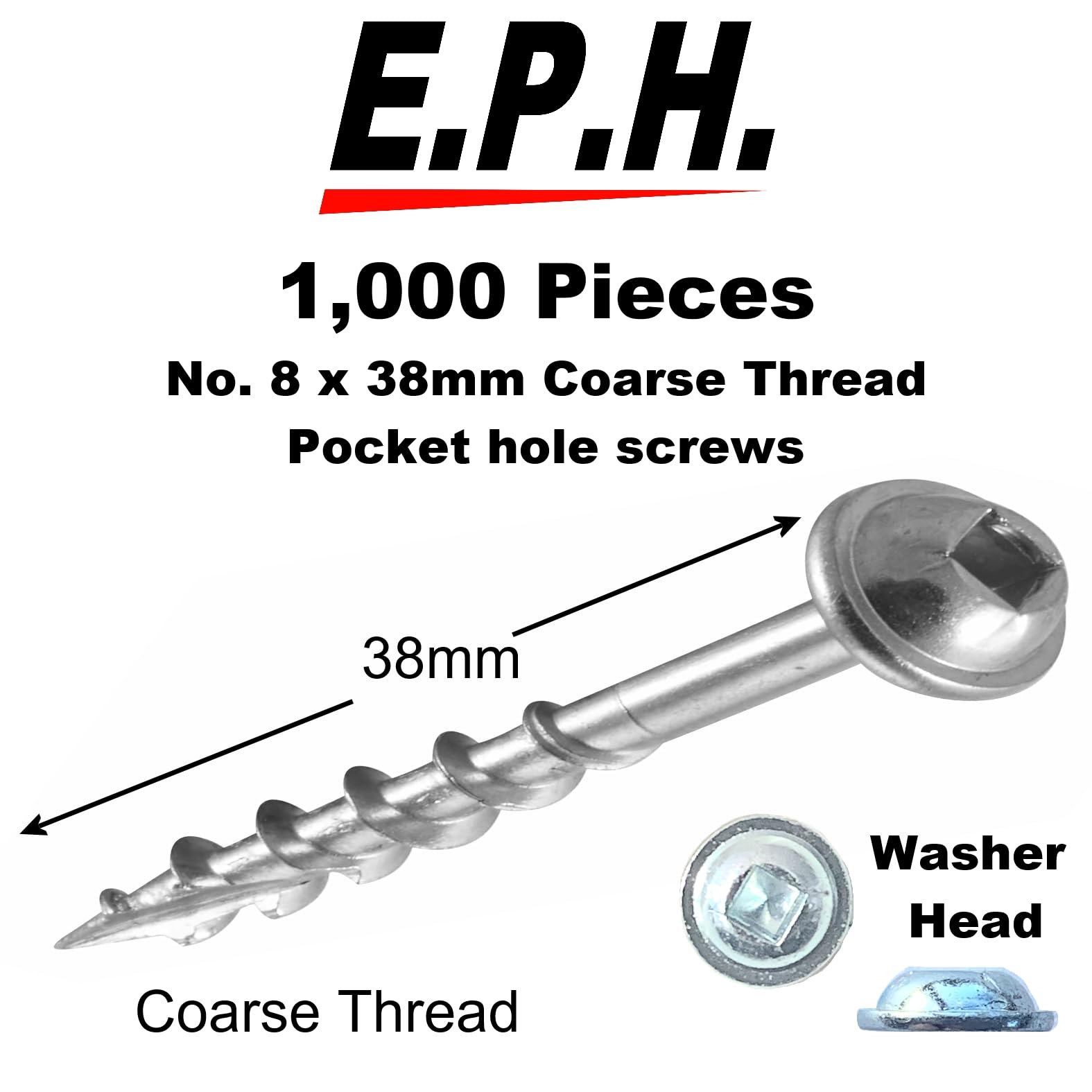 E.P.H. Pocket Hole Screws, No.8 x 38mm, Pack of 500, Coarse Self-Cutting Thread, Square Drive - Image 3