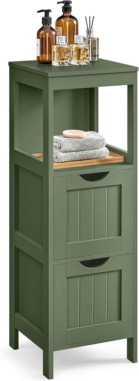 VASAGLE Bathroom Floor Cabinet, Bathroom Storage Organizer Rack Stand, Multifunctional Corner Unit, 2 Drawers, 55.7 Inches in Height, Dove Grey UBBC066G02