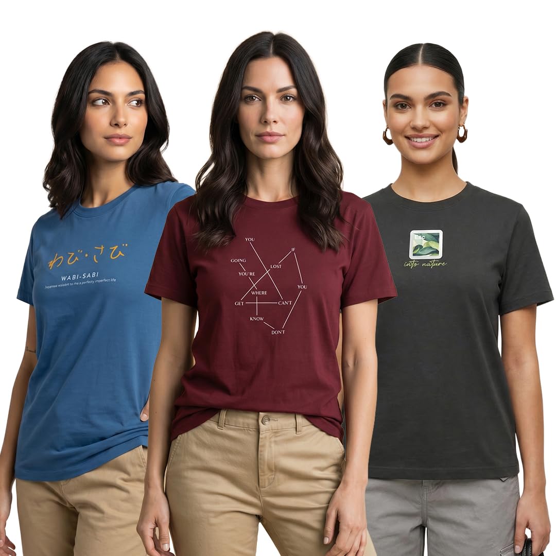 nobero Women's Graphic Printed Regular Fit Cotton T-Shirt | Casual Tees for Women (Pack of 3)-picture-23
