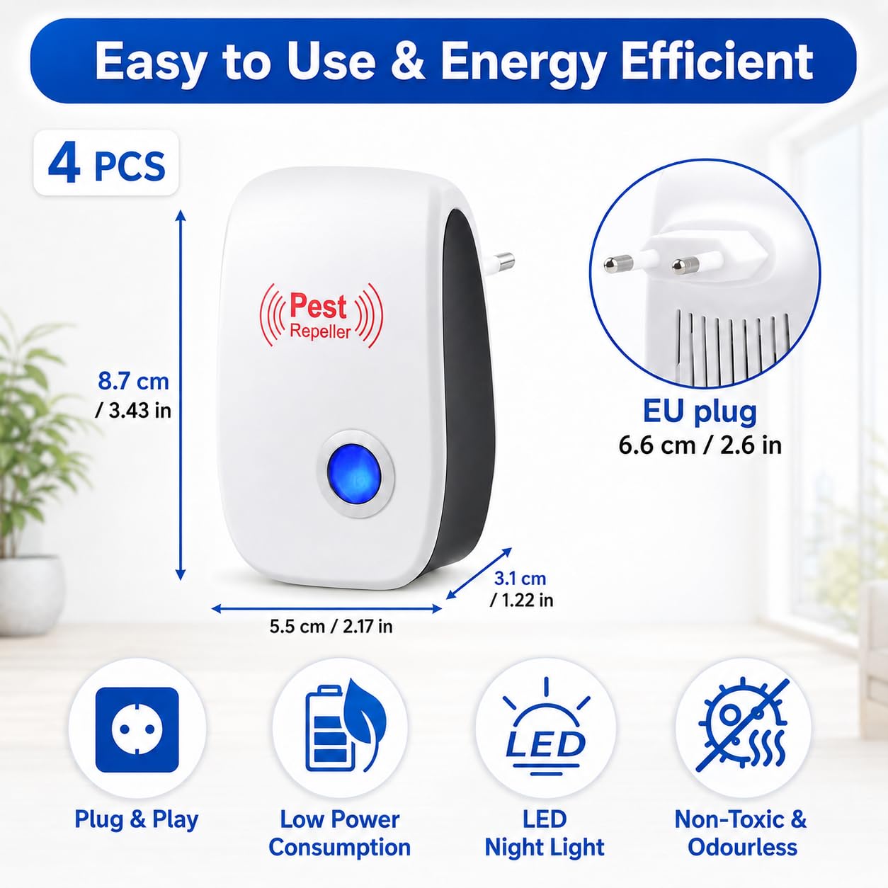 Repelente Ultrasónico de Plagas, Anti Mosquitos Eléctrico para Anti Moscas, Cucarachas, Arañas, Ratones y Hormigas, Antimosquitos Electrico, Auyentadores de Ratones Potente