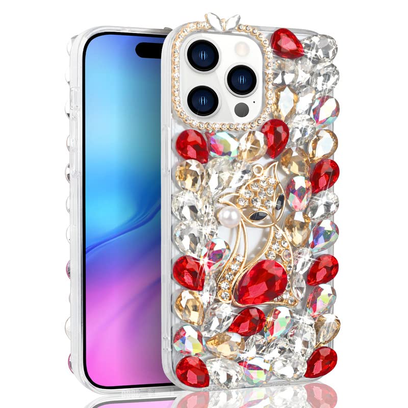Omio Designed for iPhone 14 Pro Max Case for Women Girls Luxury 3D Sparkle  Glitter Crystal Rhinestone Bling Fox Diamond Gemstone Soft TPU Bumper Slim