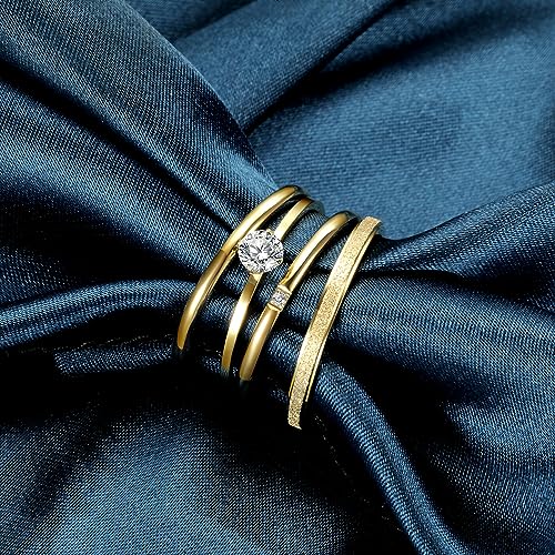 MDFUN 4 Pcs 18K Yellow Gold Plated Stainless Steel Stackable Rings Set for Women, Round Cubic Zirconia Thin Stacking Ring Simple Engagement Statement Rings Bands Set Size 5-104