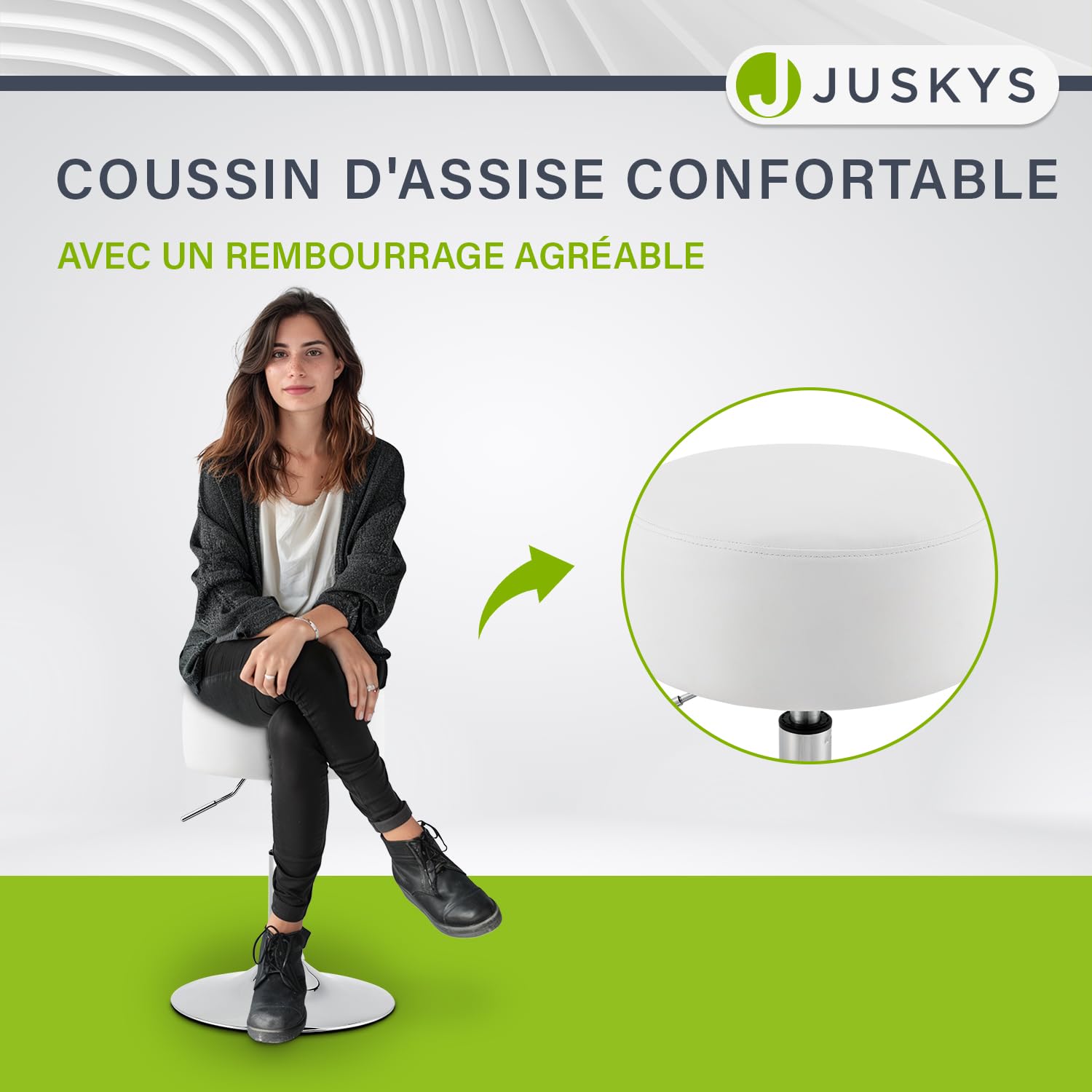 Juskys Tabouret de Coiffeuse Tonia, réglable en Hauteur de 49 à 64 cm, Ergonomique, Rond de 33 cm, Tabouret rembourré avec revêtement en Simili Cuir Blanc