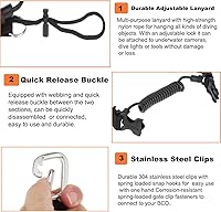 Vista 5 de Cordón de buceo, clip de acero inoxidable con resorte en espiral con correa de cincha, hebilla de liberación rápida, ideal para buceo, linternas