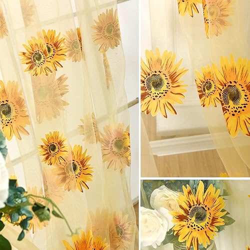 Miniatura 3 de BIGEBO 2 cortinas traslúcidas de girasol amarillas con 2 alzapaños de cortina para dormitorio, sala de estar, cocina, decoración de ventana con