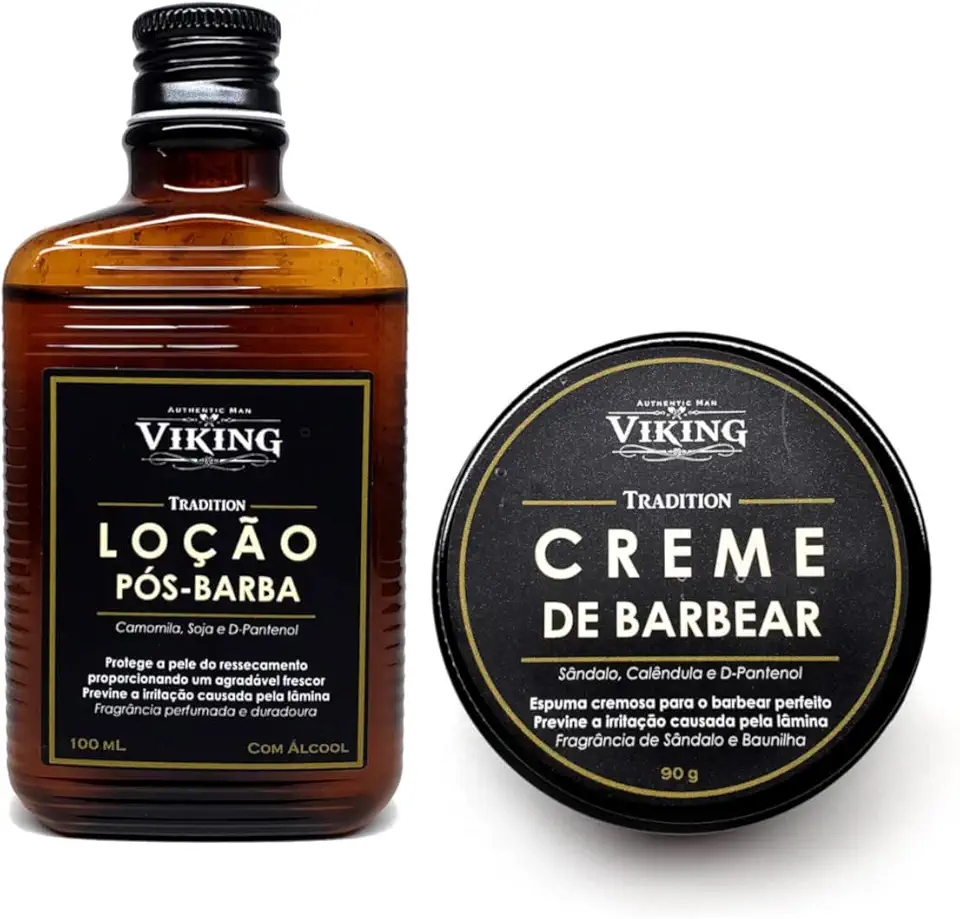 Kit de Barbear VIKING - Creme + Loção Pós-Barba - Sândalo e Baunilha - Face - Unissex - Todos os tipos de pele